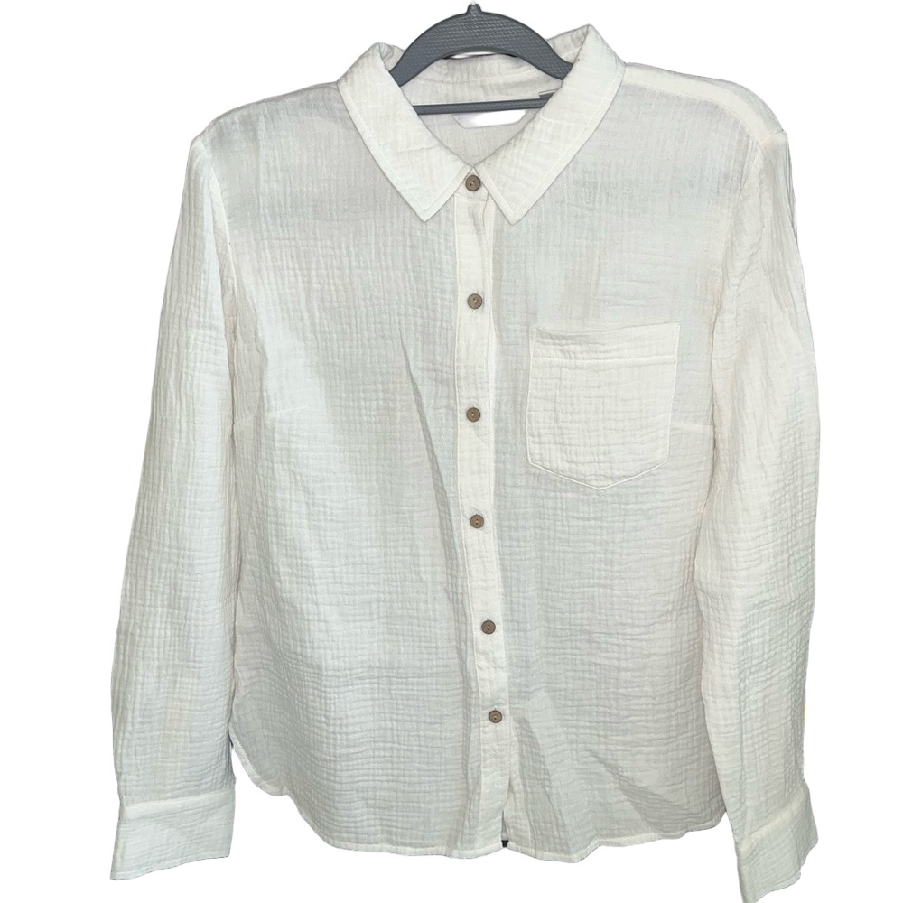 Candace Cameron Bure Gauze long sleeve button down shirt with black accent